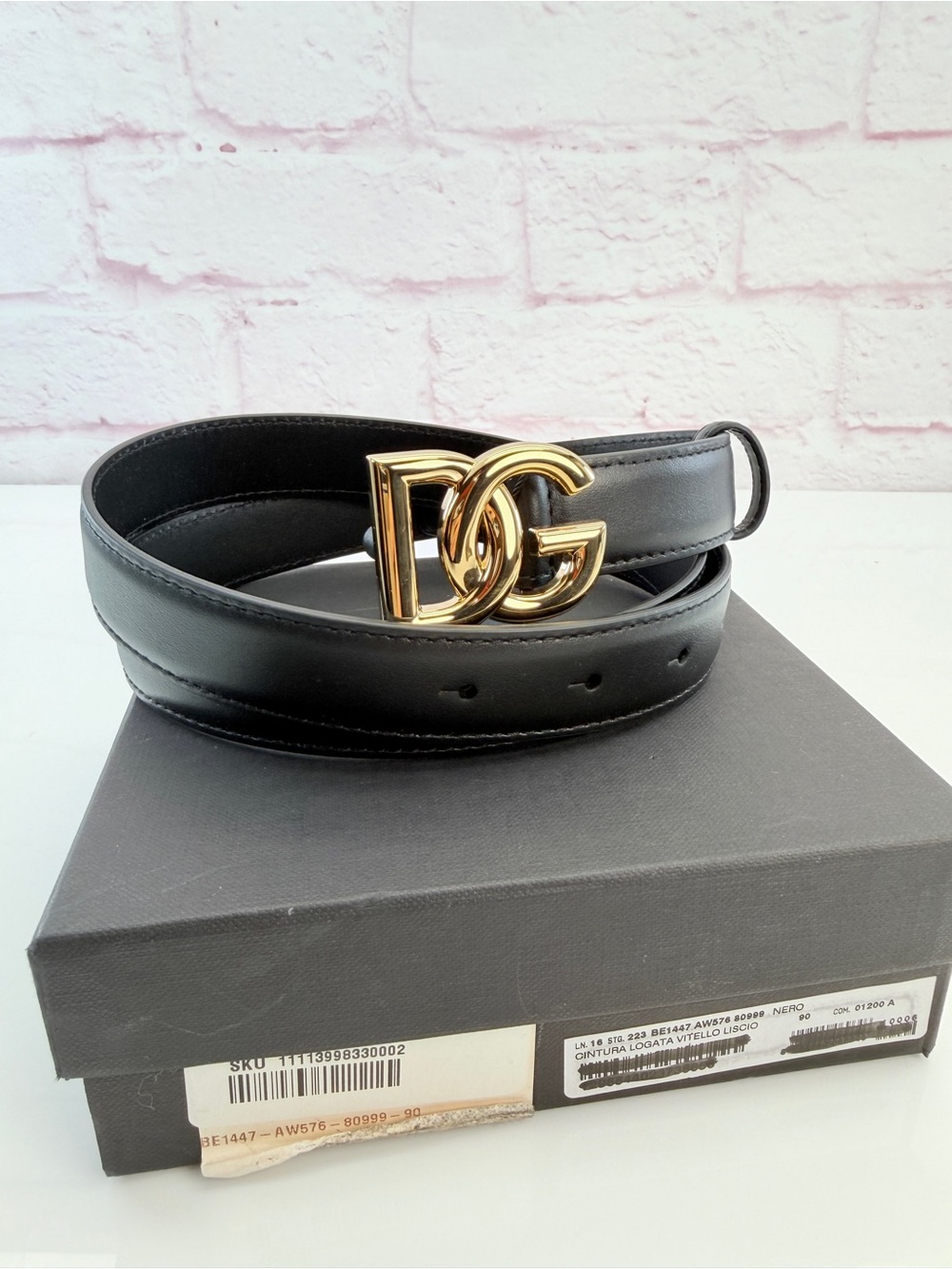 Dolce & Gabbana Black Leather Belt with Gold DG Buckle New
